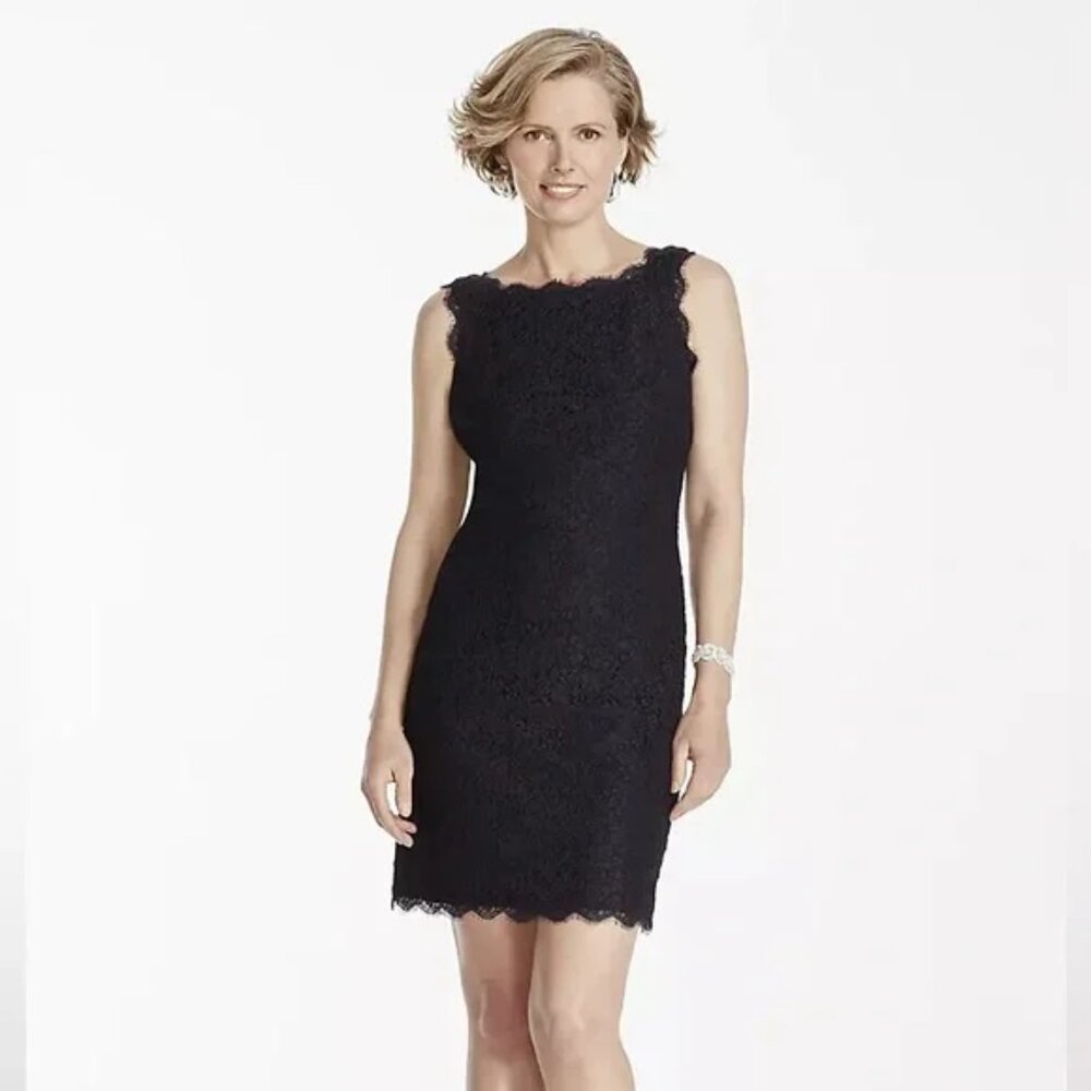 Adrianna Papell Size 10 Black Boatneck Lace Sheath Dress